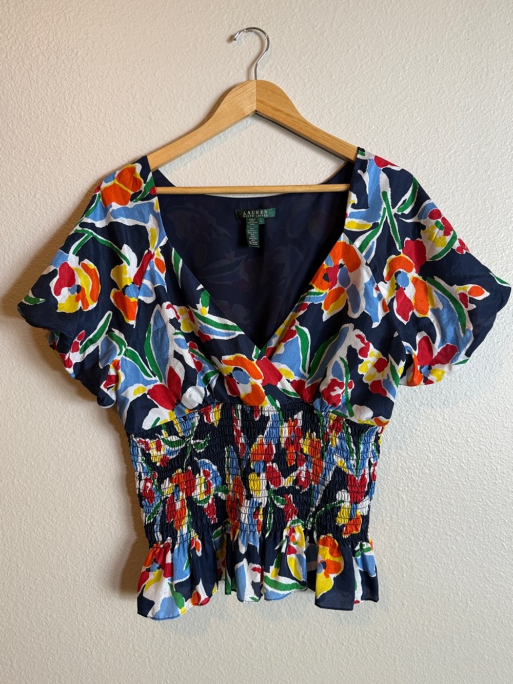 Lauren Ralph Lauren 100% Silk Floral Smocked Peplum Blouse Top L Boho Resort